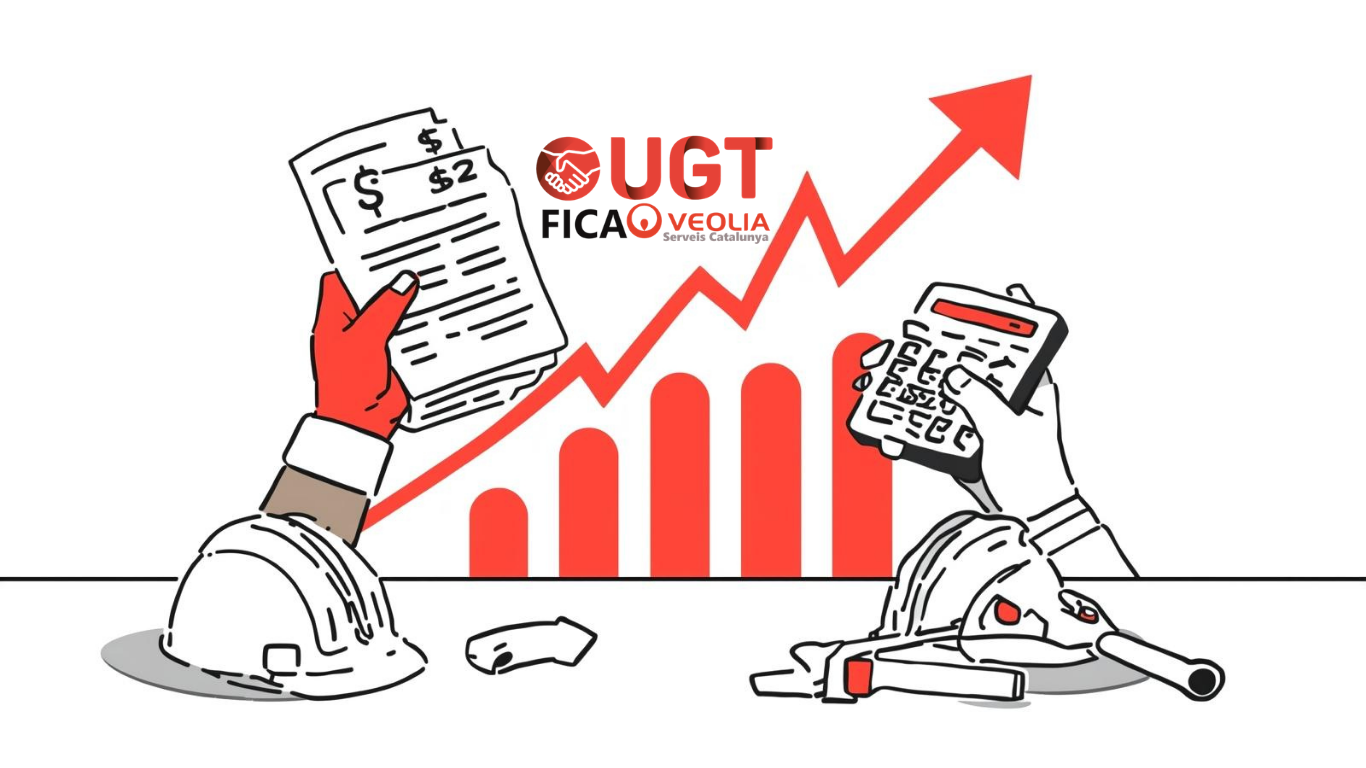 Ilustración vectorial minimalista sobre fondo blanco. Varias manos de trabajadores y trabajadoras sostienen nóminas y utilizan una calculadora, con cascos y herramientas sobre la mesa. Al fondo aparecen flechas y gráficos ascendentes en color rojo que simbolizan el aumento salarial y los atrasos. Diseño en líneas negras con acentos rojos, estilo limpio y corporativo, sin texto.